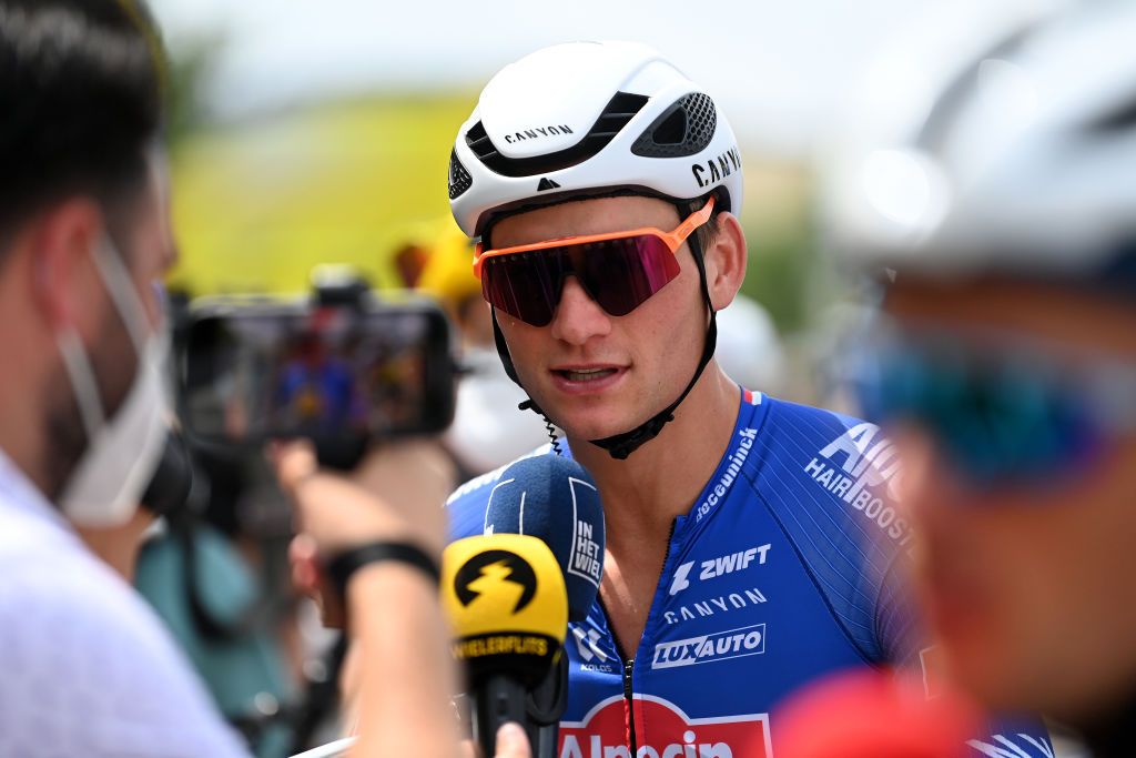 MOIRANSENMONTAGNE FRANCE JULY 21 Mathieu Van Der Poel of The Netherlands and Team AlpecinDeceuninck meets the media press at start prior to the stage nineteen of the 110th Tour de France 2023 a 1728km stage from MoiransenMontagne to Poligny UCIWT on July 21 2023 in MoiransenMontagne France Photo by Tim de WaeleGetty Images