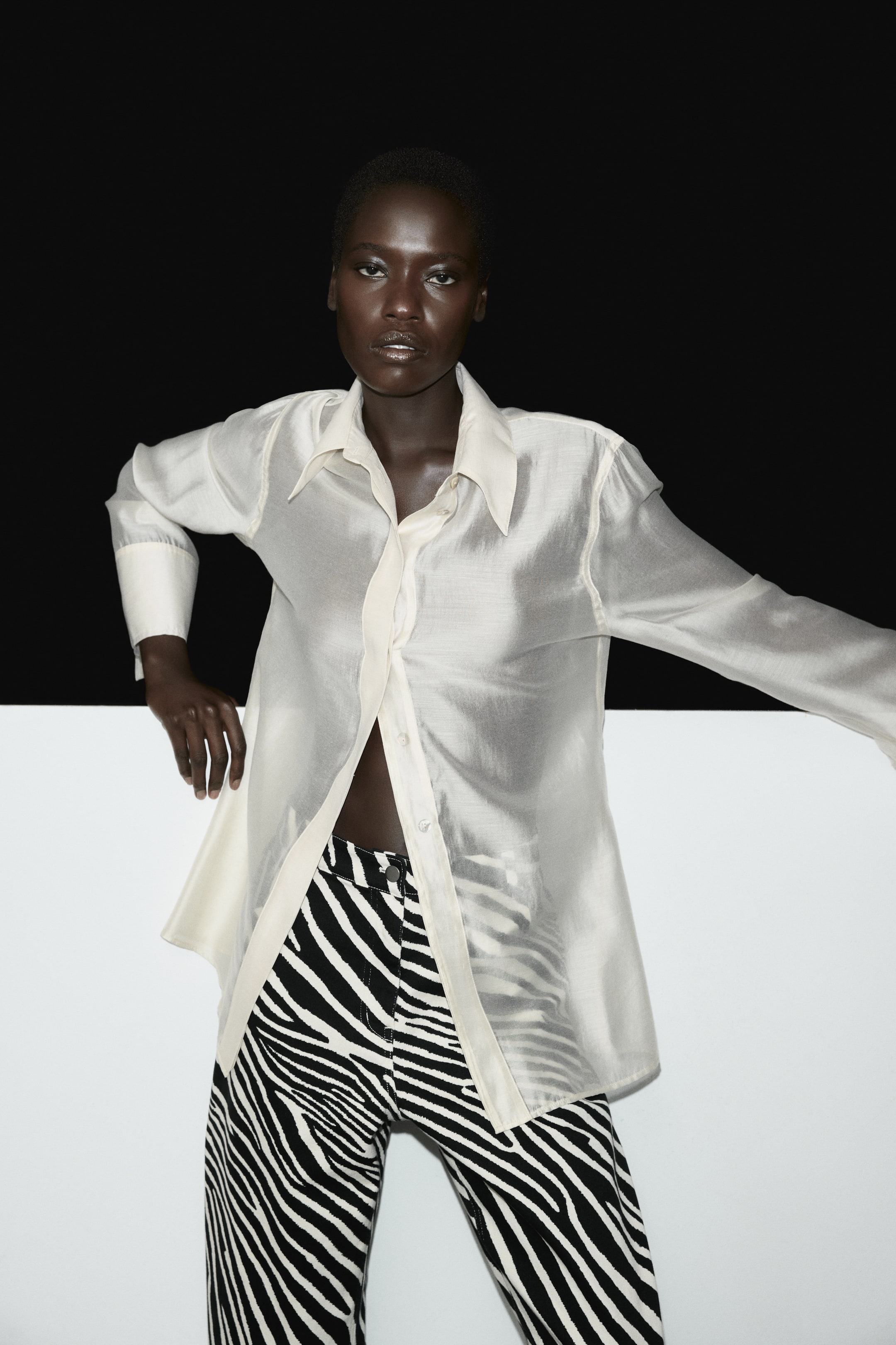 Barrel-Leg Twill Trousers - Black/zebra Print