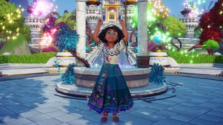 Disney Dreamlight Valley - Mirabel from Encanto standing in front of the plaza fountain, cheering in celebration