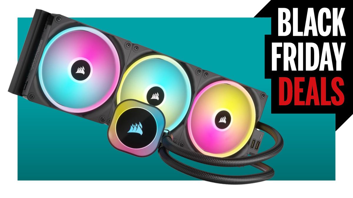 An image of a Corsair iCue Link H170i liquid cooler against a teal background, with a white border and a Black Friday Deals logo