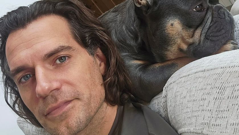 Henry Cavill sharing couch space with his dog after busting up his leg on Highlander