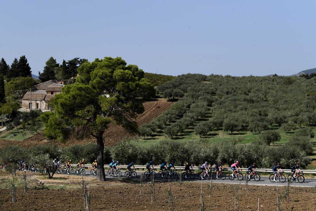 AGRIGENTO ITALY OCTOBER 04 Rohan Dennis of Australia and Team INEOS Grenadiers Salvatore Puccio of Italy and Team INEOS Grenadiers Jonathan Castroviejo of Spain and Team INEOS Grenadiers Filippo Ganna of Italy and Team INEOS Grenadiers Pink Leader Jersey Geraint Thomas of The United Kingdom and Team INEOS Grenadiers Santa Ninfa 445m Peloton Landscape Olive Tree during the 103rd Giro dItalia 2020 Stage 2 a 149km stage from Alcamo to Agrigento 243m girodiitalia Giro on October 04 2020 in Agrigento Italy Photo by Tim de WaeleGetty Images