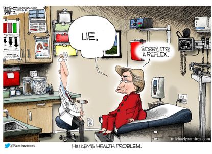 Political cartoon U.S. 2016 election Hillary Clinton lying reflex