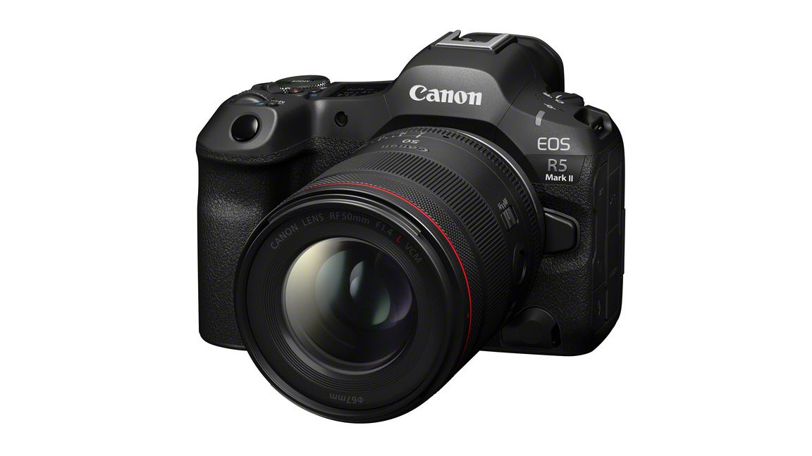 Canon RF 50mm f/1.4L VCM lens mounted to a Canon EOS R5 Mark II against a white background