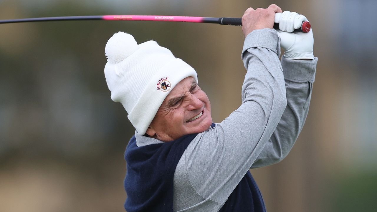 Jimmy Dunne takes a shot in a practice round prior to the 2022 Alfred Dunhill Links Championship at St Andrews