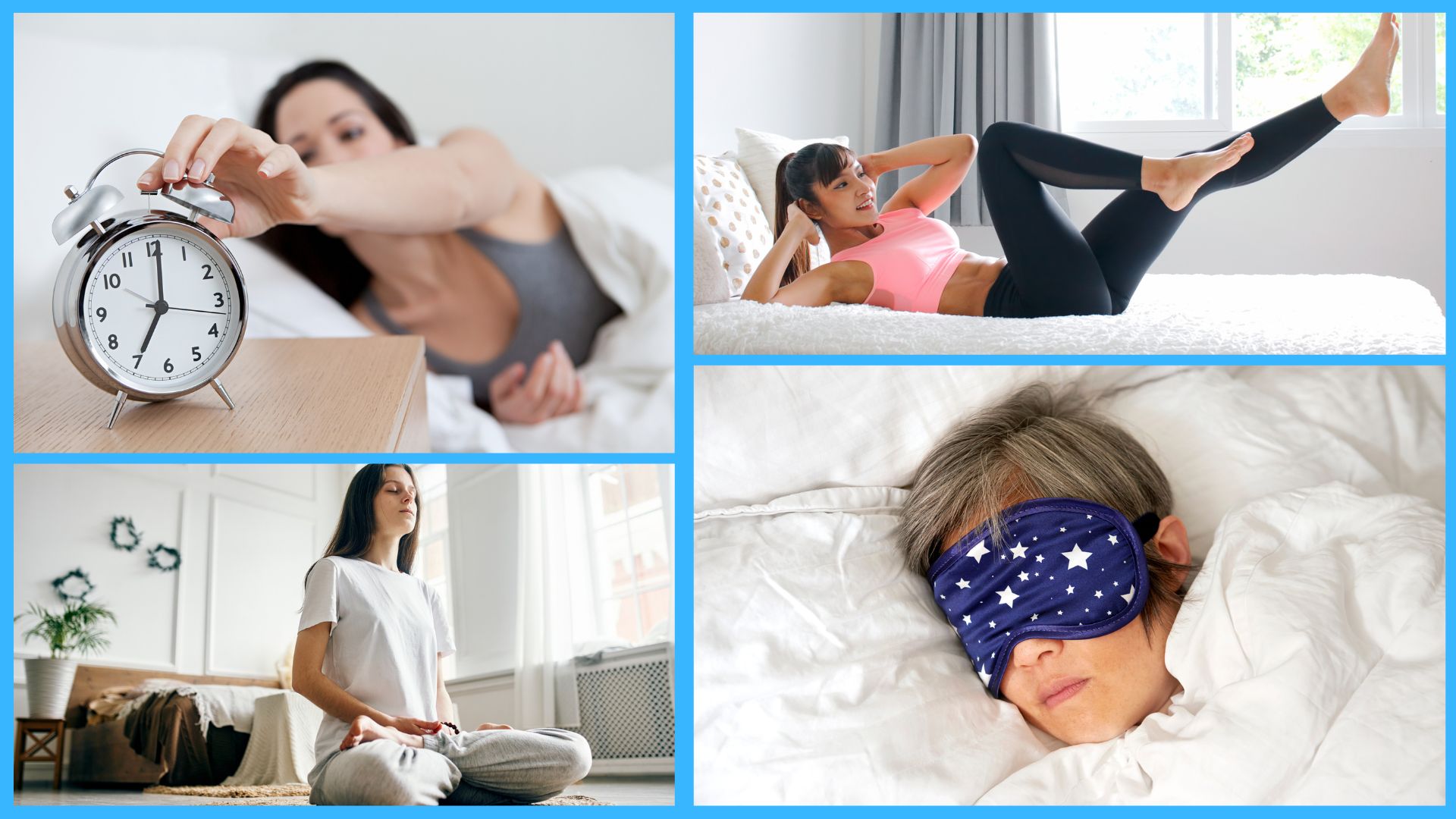 Four photos of different sleep tips that help you live longer, including meditation and exercise