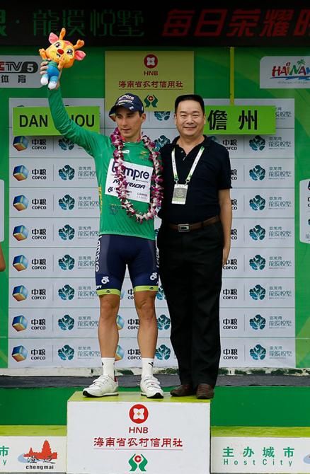 Niccolo Bonifazio (Lampre-Merida) on the stage 8 podium in the green jersey