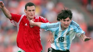 Argentina's Lionel Messi clashes with Hungary's Vilmos Vanczak in an action which saw the formerr Barcelona forward sent off on his international debut in August 2005.