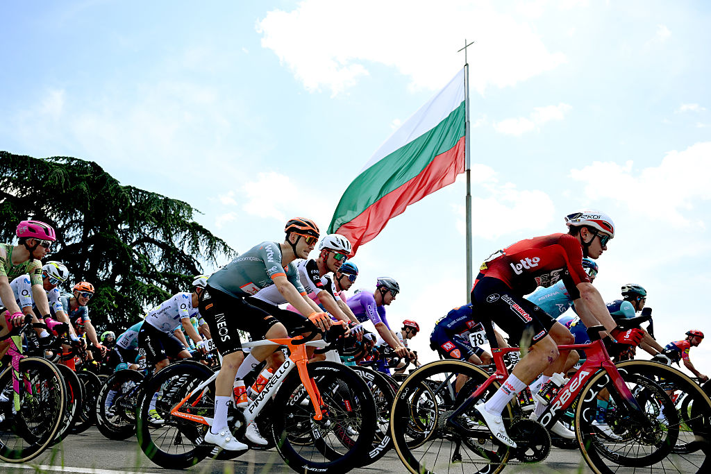 SOFIA, BULGARIA - MAY 10: (L-R) Magnus Sheffield of United States and Netcompany INEOS Cycling Team, Mikkel Bjerg of Denmark and UAE Team Emirates - XRG, Lennert Van Eetvelt of Belgium and Team Lotto Intermarche and a general view of the peloton competing during the 109th Giro d&amp;amp;apos;Italia 2026, Stage 3 a 175km stage from Plovdiv to Sofia / #UCIWT / on May 10, 2026 in Sofia, Bulgaria. (Photo by Dario Belingheri/Getty Images)