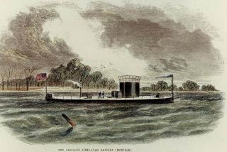 This hand-colored engraving, a fairly accurate depiction of the USS Monitor, was published in Harper's Weekly on March 22, 1862, just days after the Monitor's battle with the Confederate ironclad. Courtesy of the U.S. Navy Art Collection, Washington, D.C./U.S. Navy Historical Center.