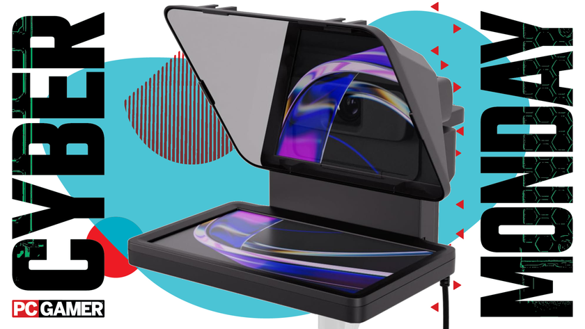 Teleprompter units float in a void.