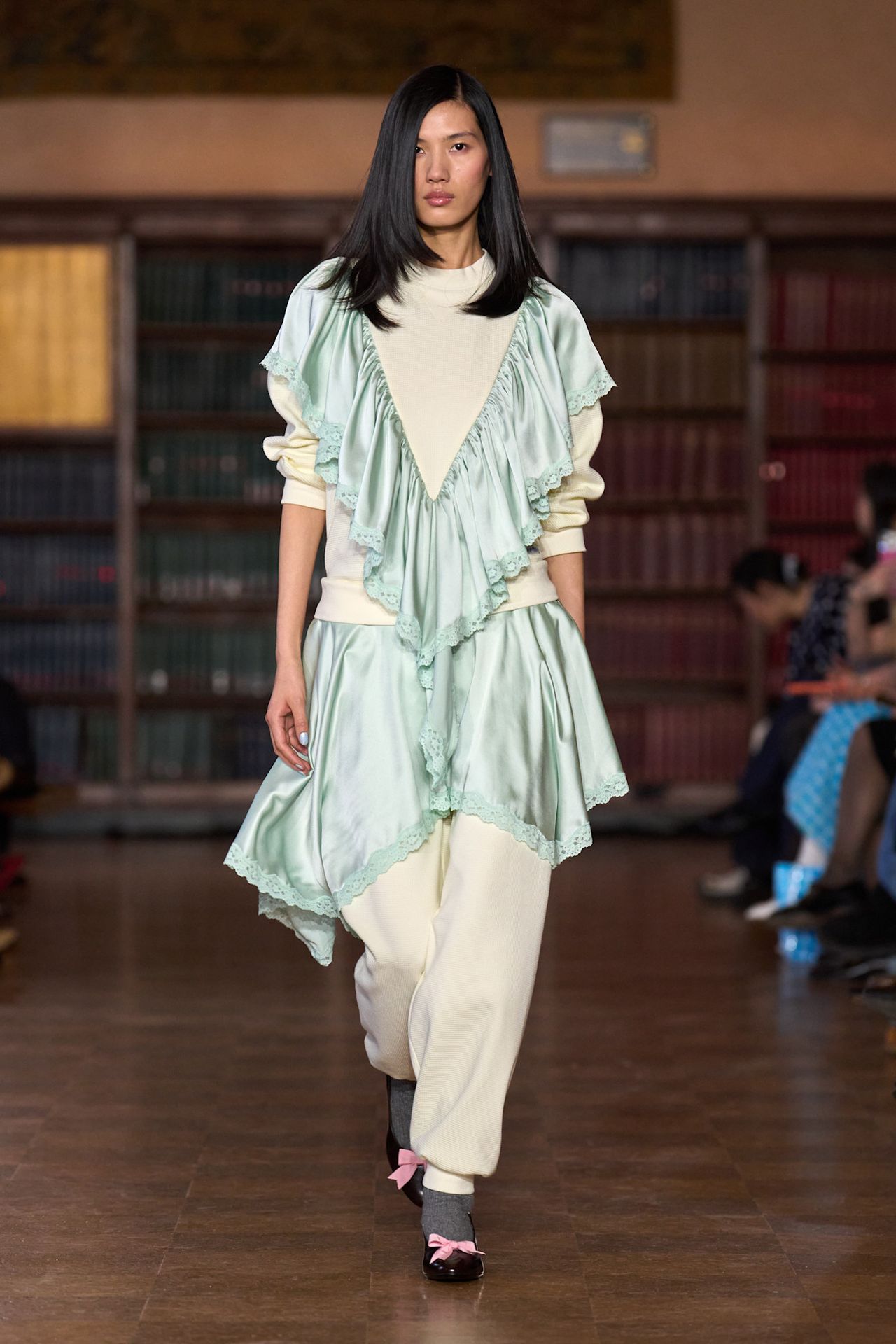 models walk the Sandy Liang Fall 2026 fashion show runway wearing slipper shoes