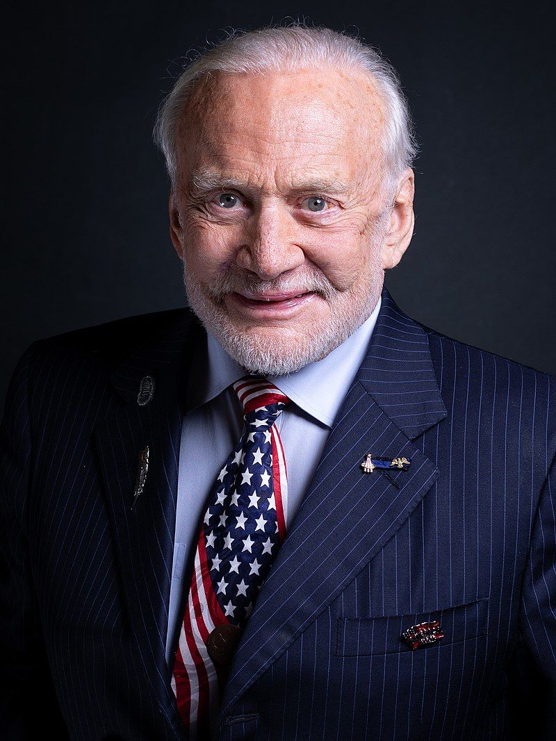 Apollo 11 astronaut Buzz Aldrin poses in 2019 wearing his NASA astronaut pin.