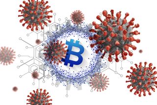 A Bitcoin logo on a backdrop of the novel coronavirus