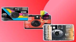 Three of the best disposable cameras on a red background