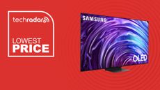 The Samsung 65-inch S95D on a red background with text saying Lowest Price.