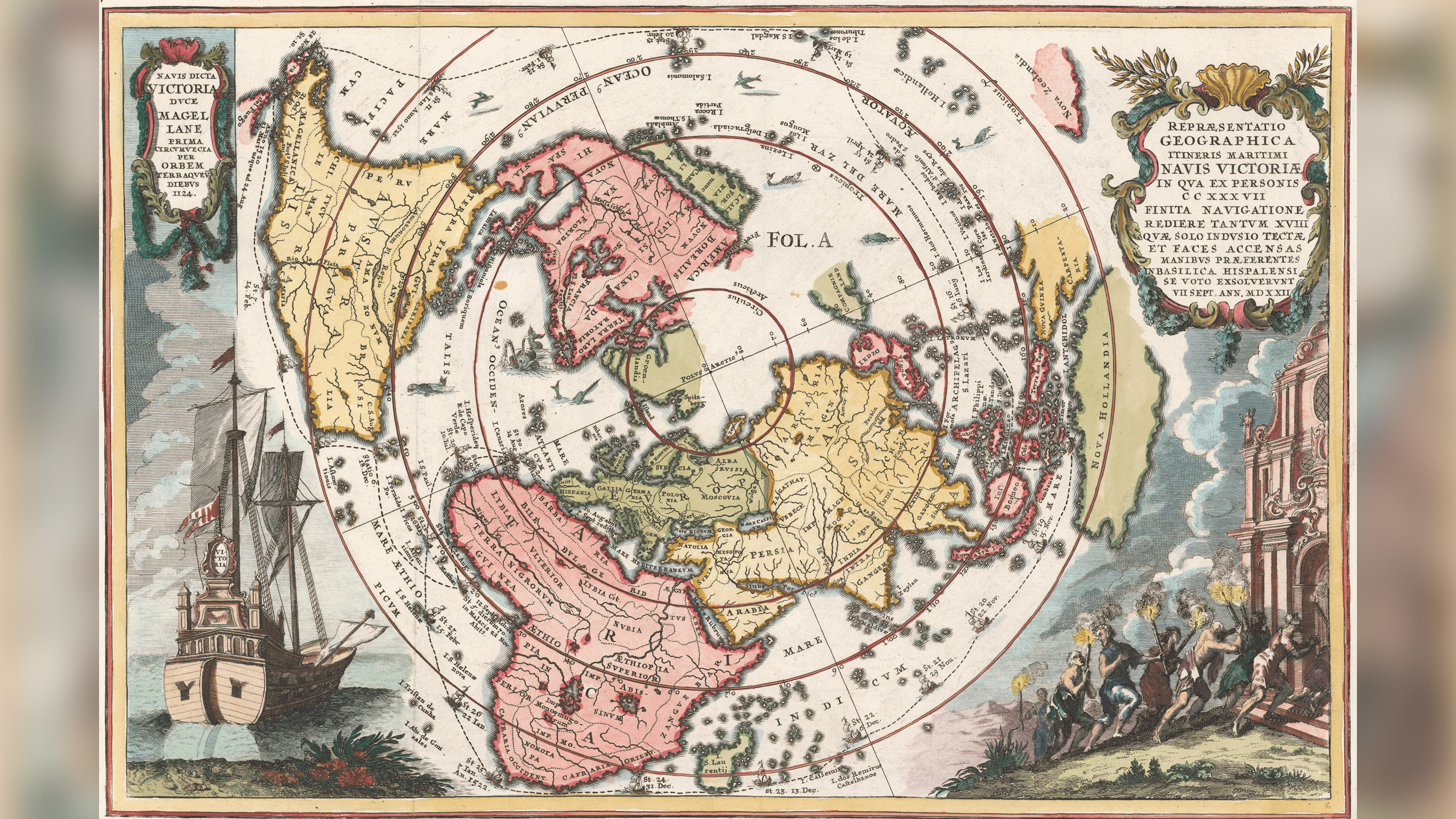 This world map shows Ferdinand Magellan's circumnavigation of the world.