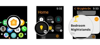 How to review your HomeKit home status in the Home app on the Apple Watch by showing steps: Launch the Home app, Review your home Status at the top of the Home app, Tap an Accessory Type to see additional details.