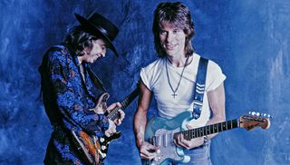 Stevie Ray Vaughn and Jeff Beck (l-R), poses for a portrait in Los Angeles, California. 