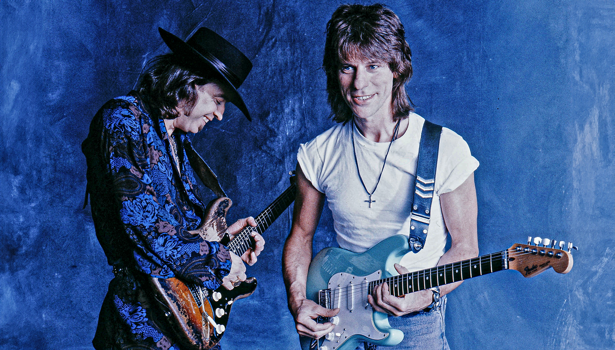 Jeff Beck (right) and Stevie Ray Vaughan pose for a portrait in Los Angeles, California, 1989.