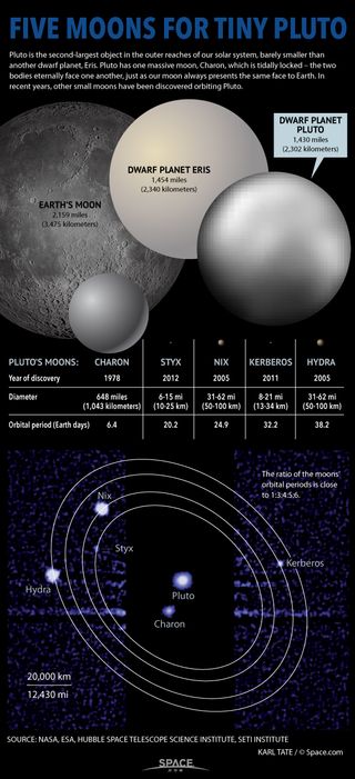 Dwarf planet Pluto has one giant moon, Charon, but now is known to have four more tiny satellites. See how Pluto's moons measure up in this SPACE.com infographic.