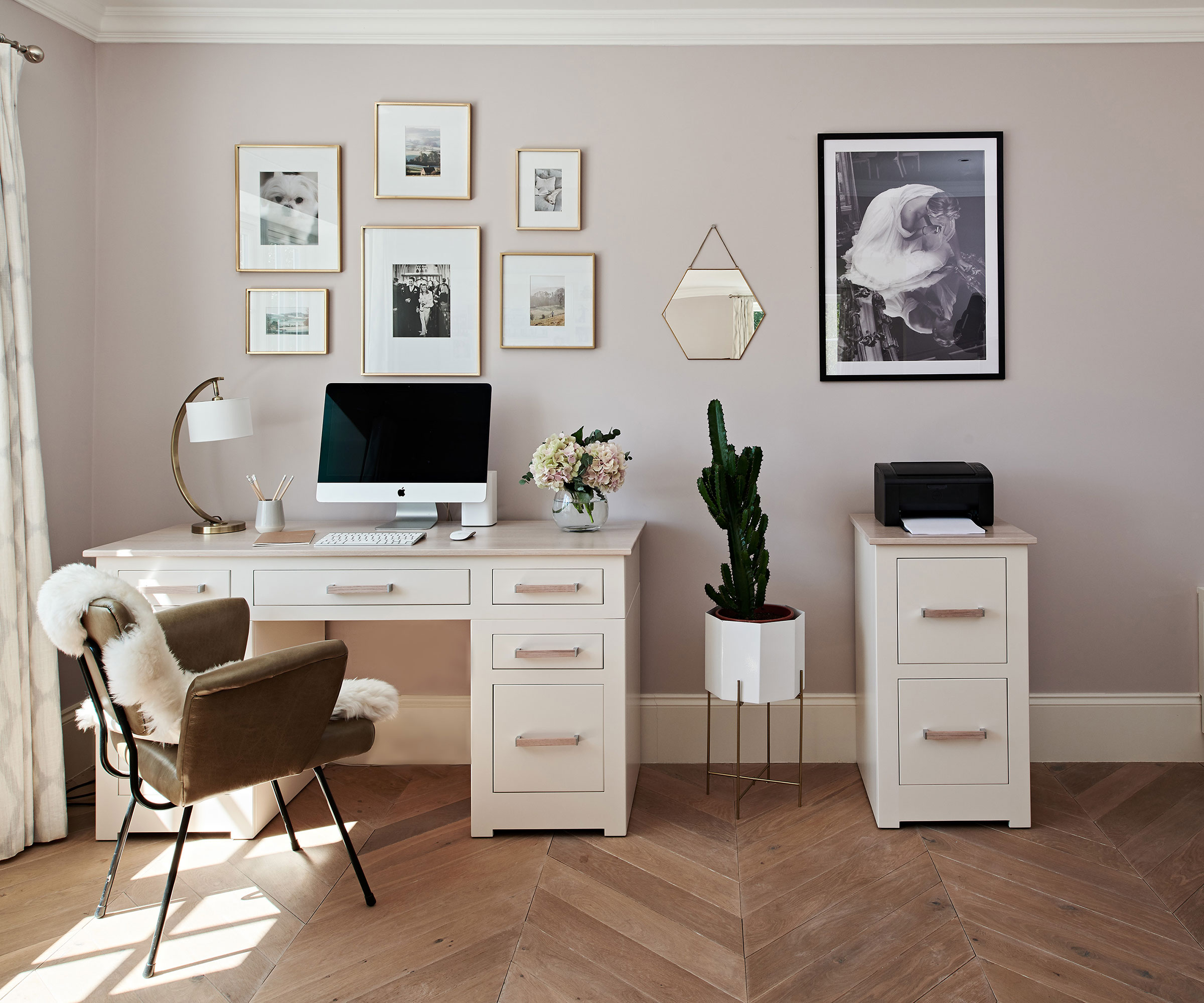 smart home office with herringbone floor