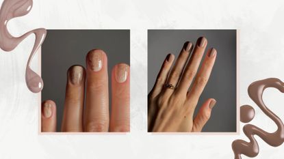 On the left is a close-up of a hand with milky white and brown swirled nails, designed to mirror foamy coffee and on the right, is a close-up of a hand with cappuccino-inspired brown nails, both created by nail artist, Mateja Novakovic/@matejanova. Both images featured in a grey and white template with two brown nail polish spills.