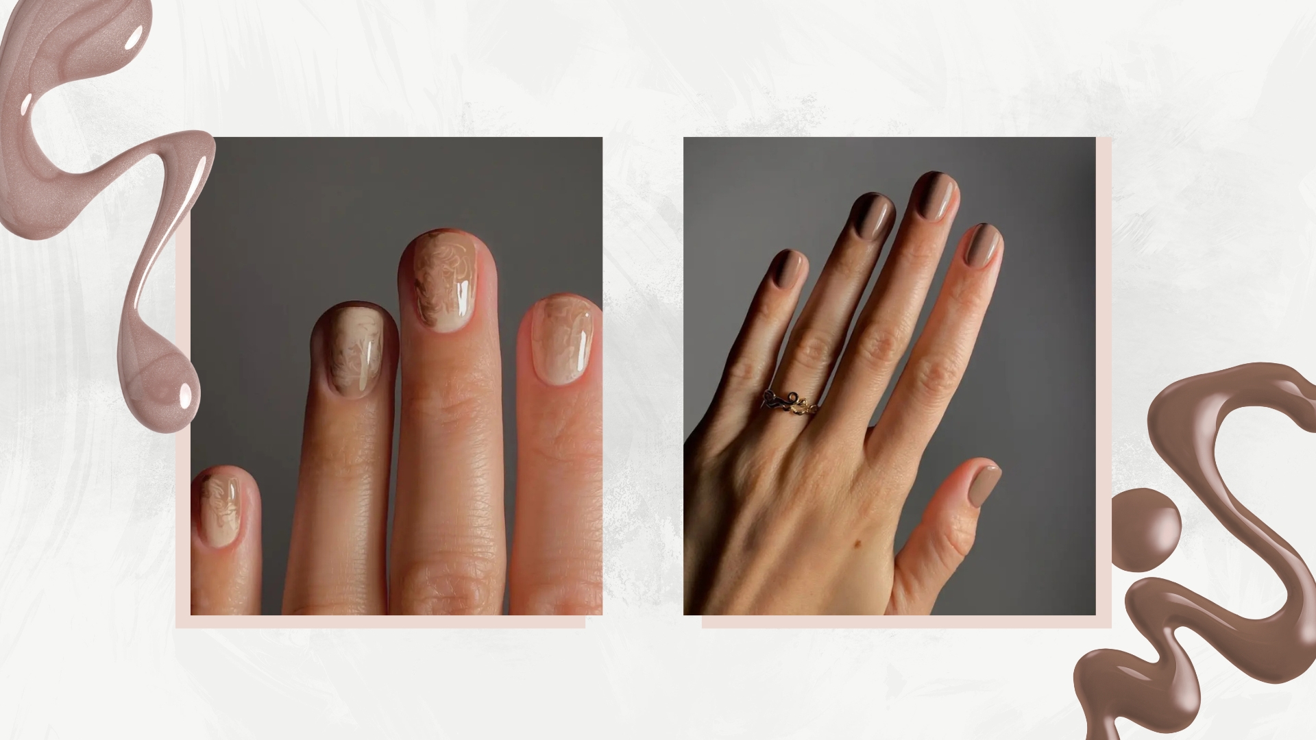 On the left is a close-up of a hand with milky white and brown swirled nails, designed to mirror foamy coffee and on the right, is a close-up of a hand with cappuccino-inspired brown nails, both created by nail artist, Mateja Novakovic/@matejanova. Both images featured in a grey and white template with two brown nail polish spills.