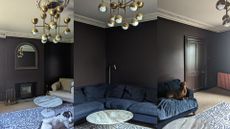 brown living room painted in Cola by Farrow and Ball
