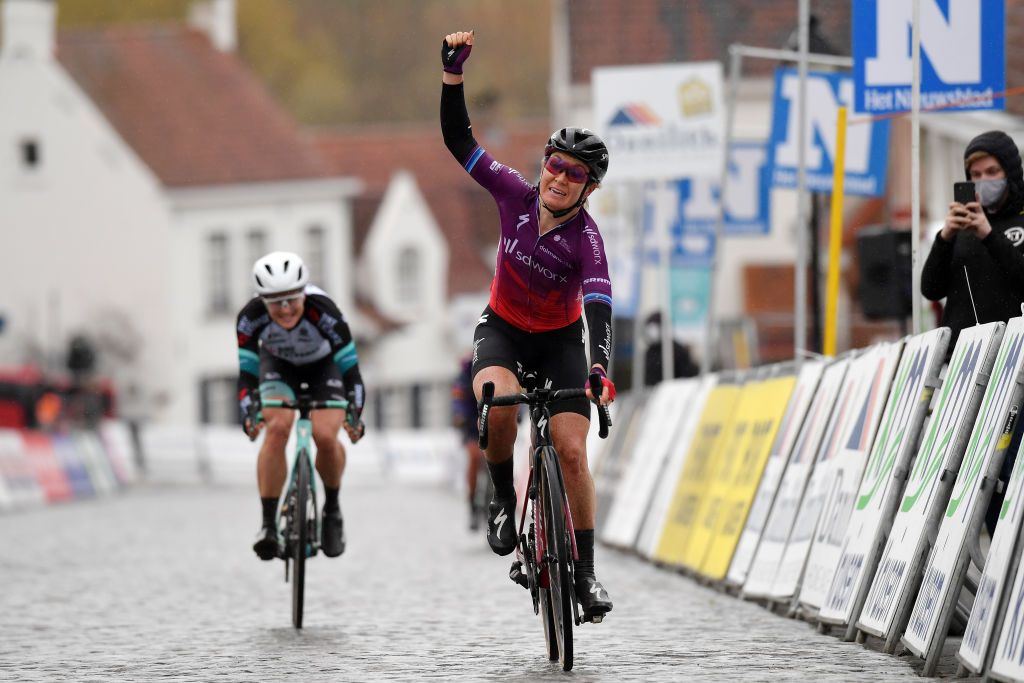 NOKERE BELGIUM MARCH 17 Arrival Amy Pieters of Netherlands and Team SD Worx Celebration Grace Brown of Australia and Team BikeExchange during the 3rd Nokere Koerse Danilith Classic 2021 Womens Elite a 124km race from Deinze to Nokere NokereKoerse on March 17 2021 in Nokere Belgium Photo by Mark Van HeckeGetty Images