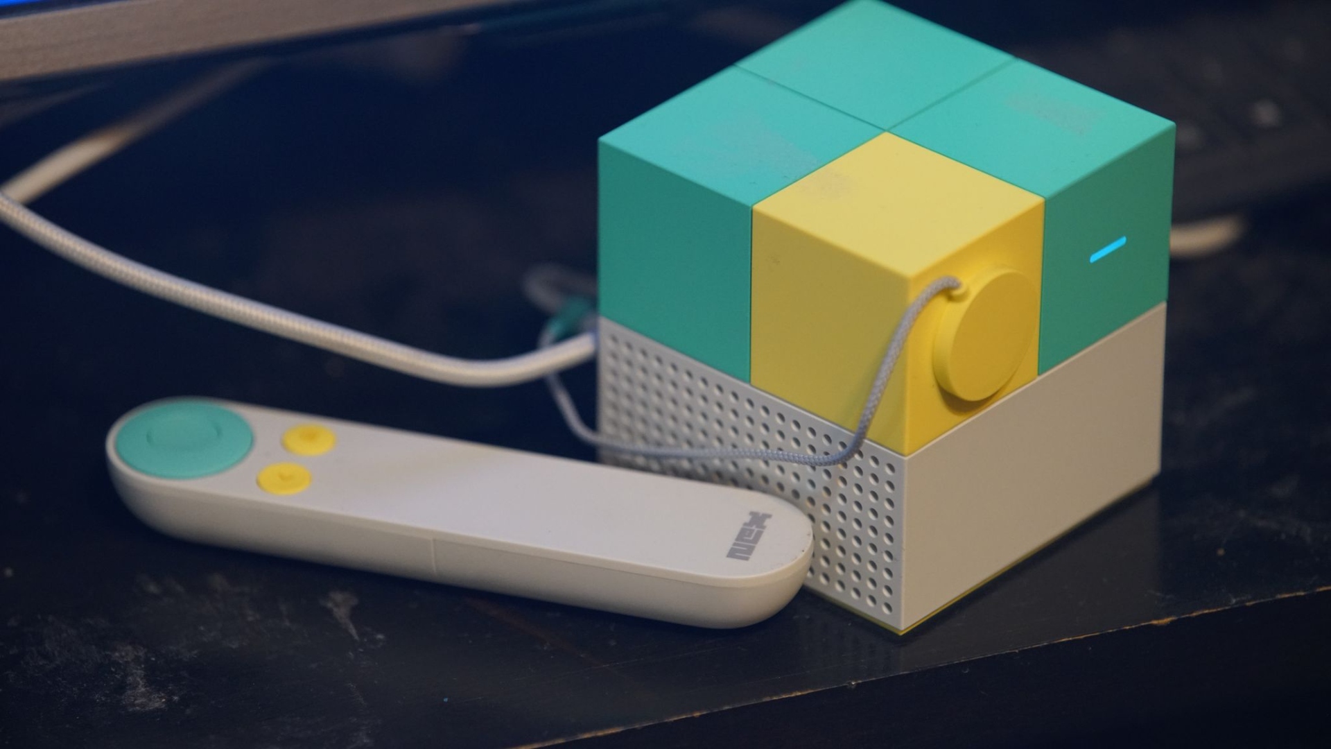 The Nex Playground in a powered-on state, with the included privacy cap placed over the camera.