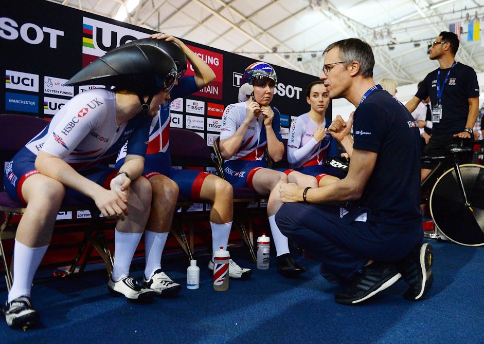 Emily Nelson, Elinor Barker, Neah Evans and Katie Archibald of Great Britain listen to their coach before the Women's Team Pursuit