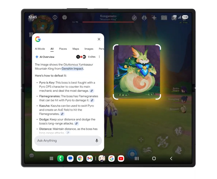 A user highlighting an enemy in Genshin Impact, which is now searchable via Circle to Search on Android devices.