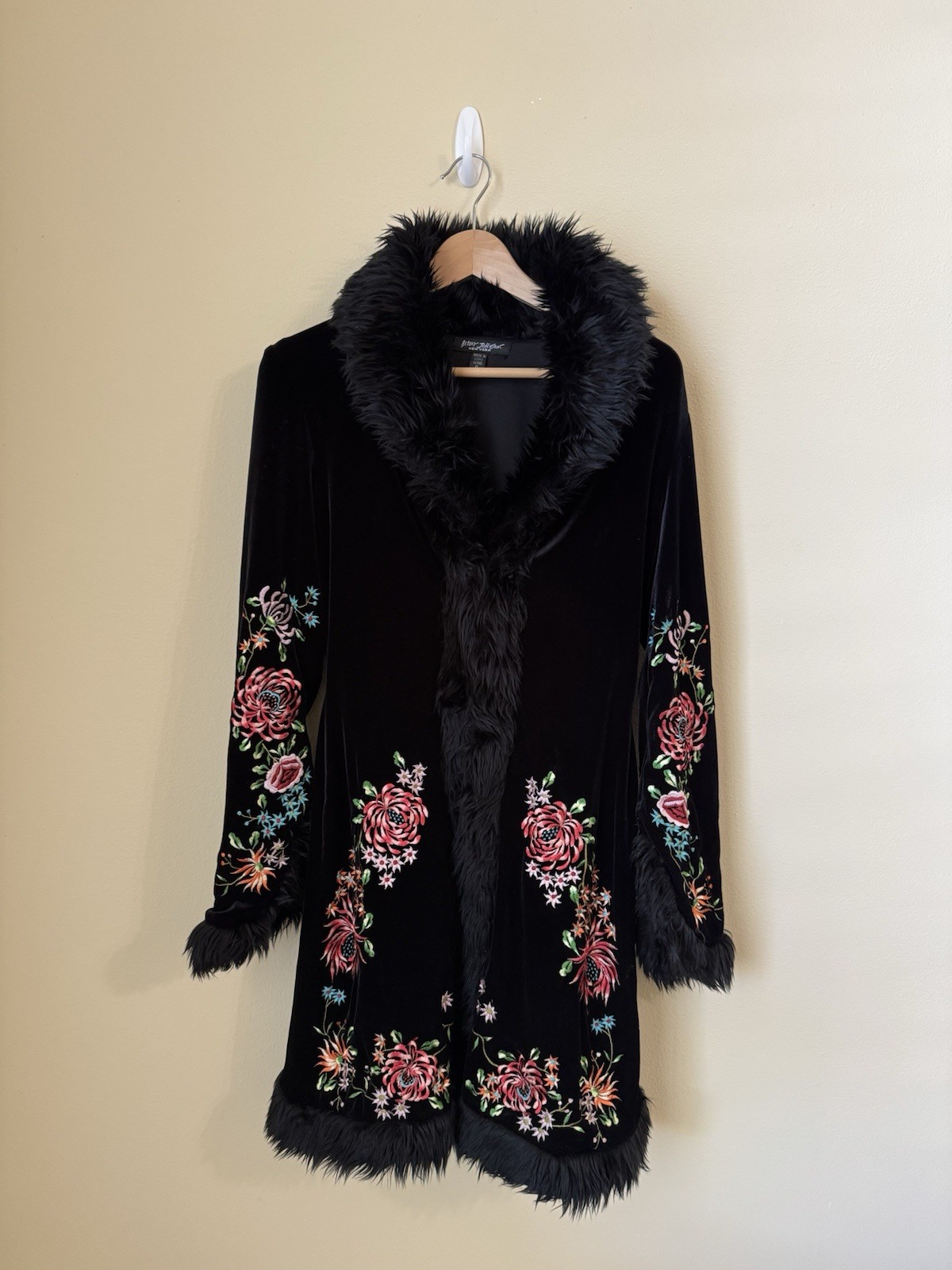 Betsey Johnson Floral Velvet Duster Coat Jacket Fur Trim Black Vintage Size 8