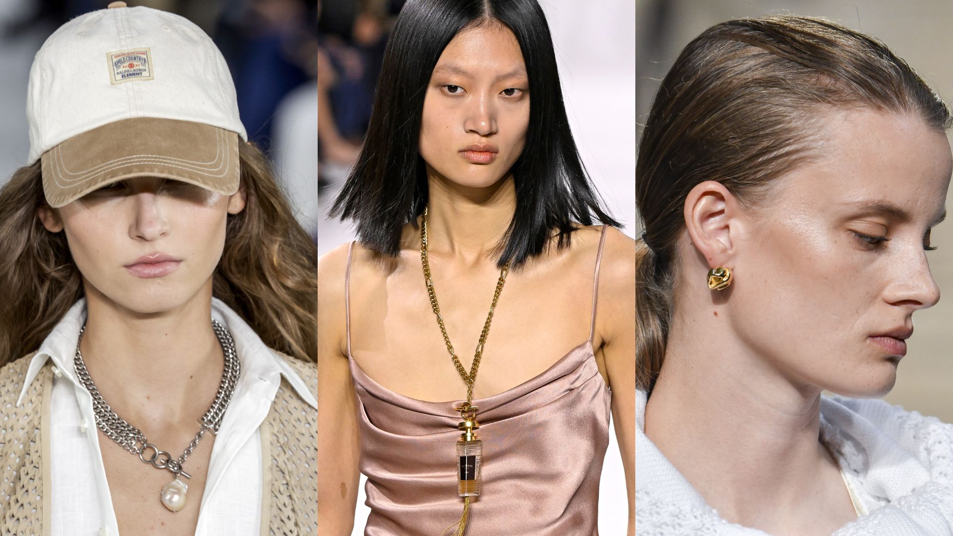Three models wearing silver and gold jewellery trends on the spring/summer catwalk 2025