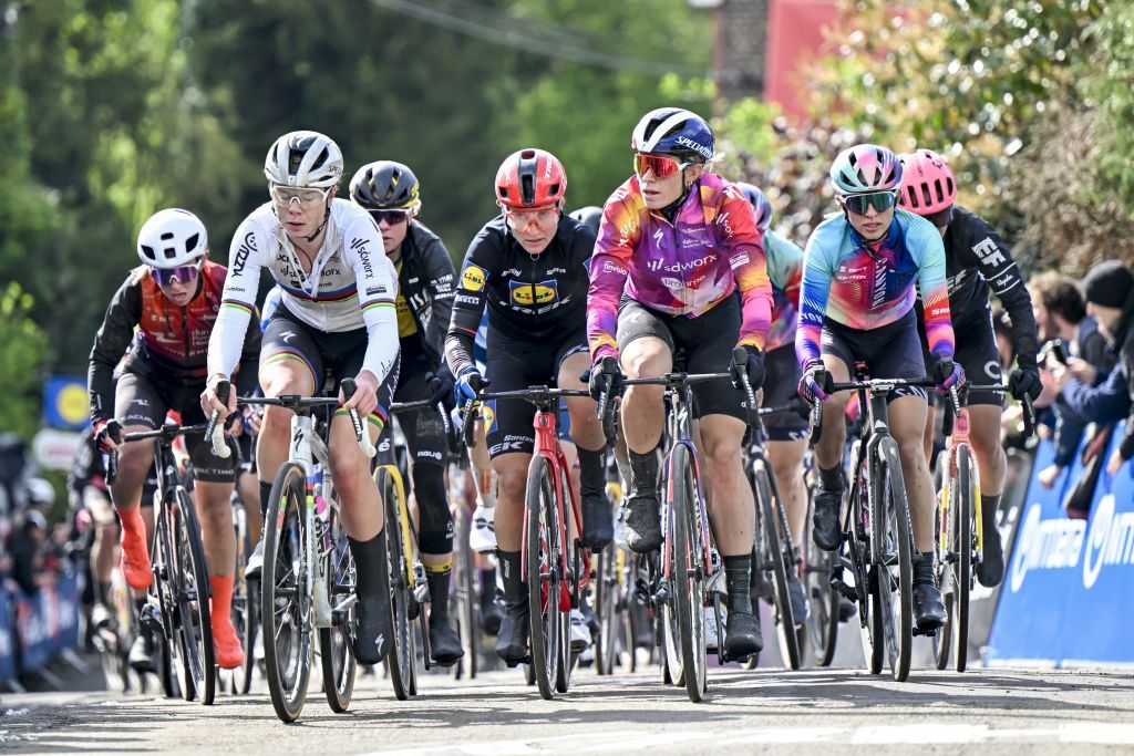 Belgian Lotte Kopecky of SD Worx - Protime and Dutch Demi Vollering of SD Worx - Protime pictured in action during the women's race of the 'La Fleche Wallonne', one day cycling race (Waalse Pijl - Walloon Arrow), 146 km with start and finish in Huy, Wednesday 17 April 2024. BELGA PHOTO ERIC LALMAND (Photo by ERIC LALMAND / BELGA MAG / Belga via AFP)