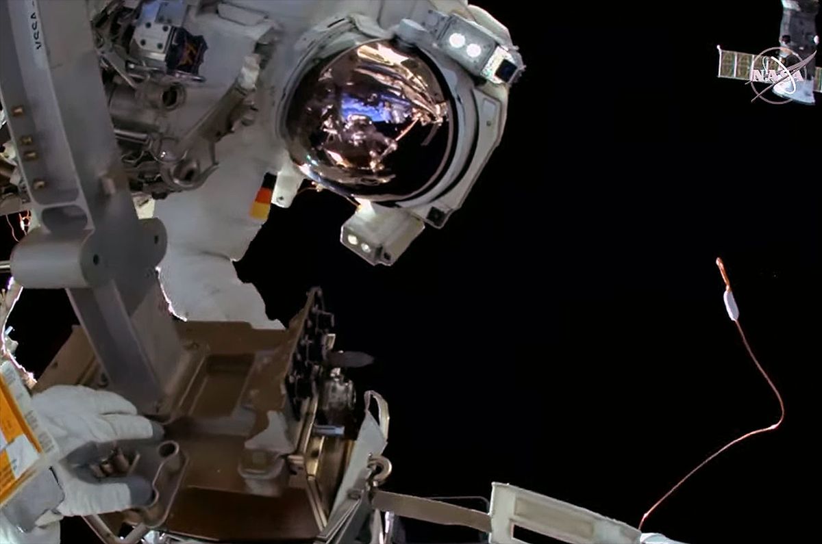 European astronaut Matthias Maurer, as seen from the helmet cam worn by NASA astronaut Raja Chari during a spacewalk outside the International Space Station on March 23, 2022.