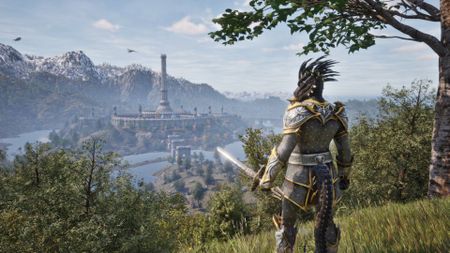 A screenshot of a character holding a sword overlooking the Imperial City in The Elder Scrolls 4: Oblivion Remastered.