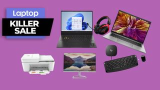HP back to school sale, laptops, monitor, headphones, keyboard, mouse, printer and charging dock against a purple background