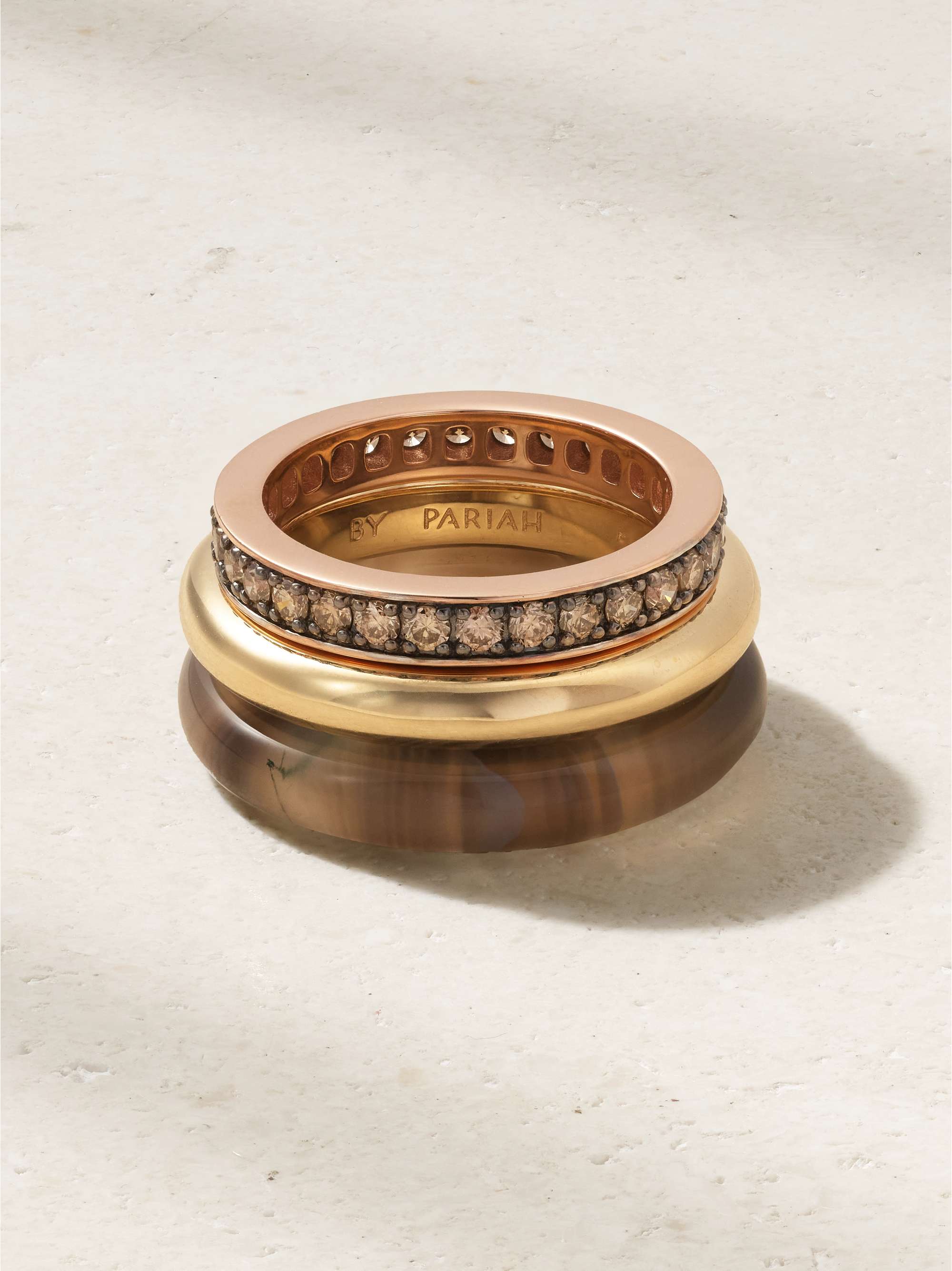 Kalahari Set of Three 14-Karat Gold, Agate and Diamond Ring