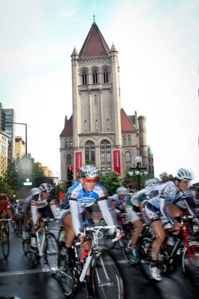 The women pass by one of the cathedrals in St. Paul.