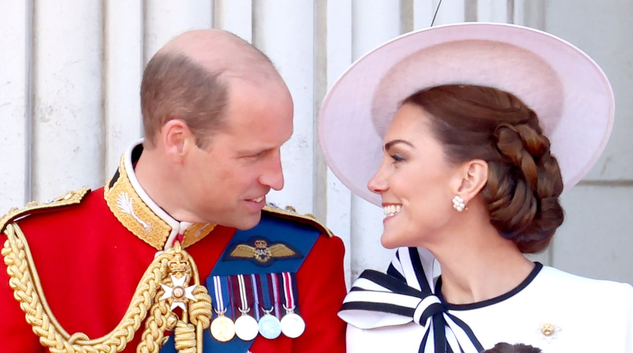 Prince William, Prince of Wales, and Catherine, Princess of Wales, on the balcony during Trooping the Colour at Buckingham Palace on June 15, 2024 in London, England.