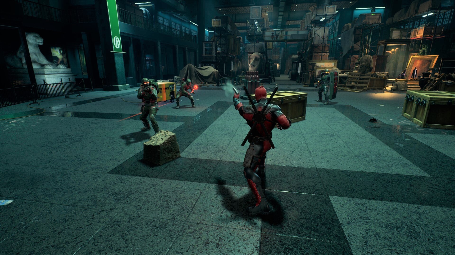 Marvel's Midnight Suns'daki Deadpool'un savaşta bir Hydra askerine ateş ettiği bir ekran görüntüsü.