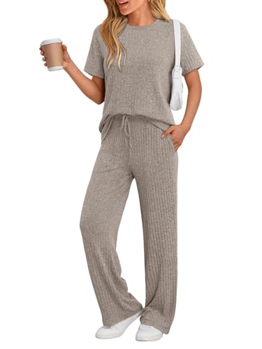 Lillusory 2 Piece Lounge Sets for Women Summer Vacation Outfits Matching Casual Wide Leg Pants Sets Ribbed Knit Pajamas 2025 Khaki L