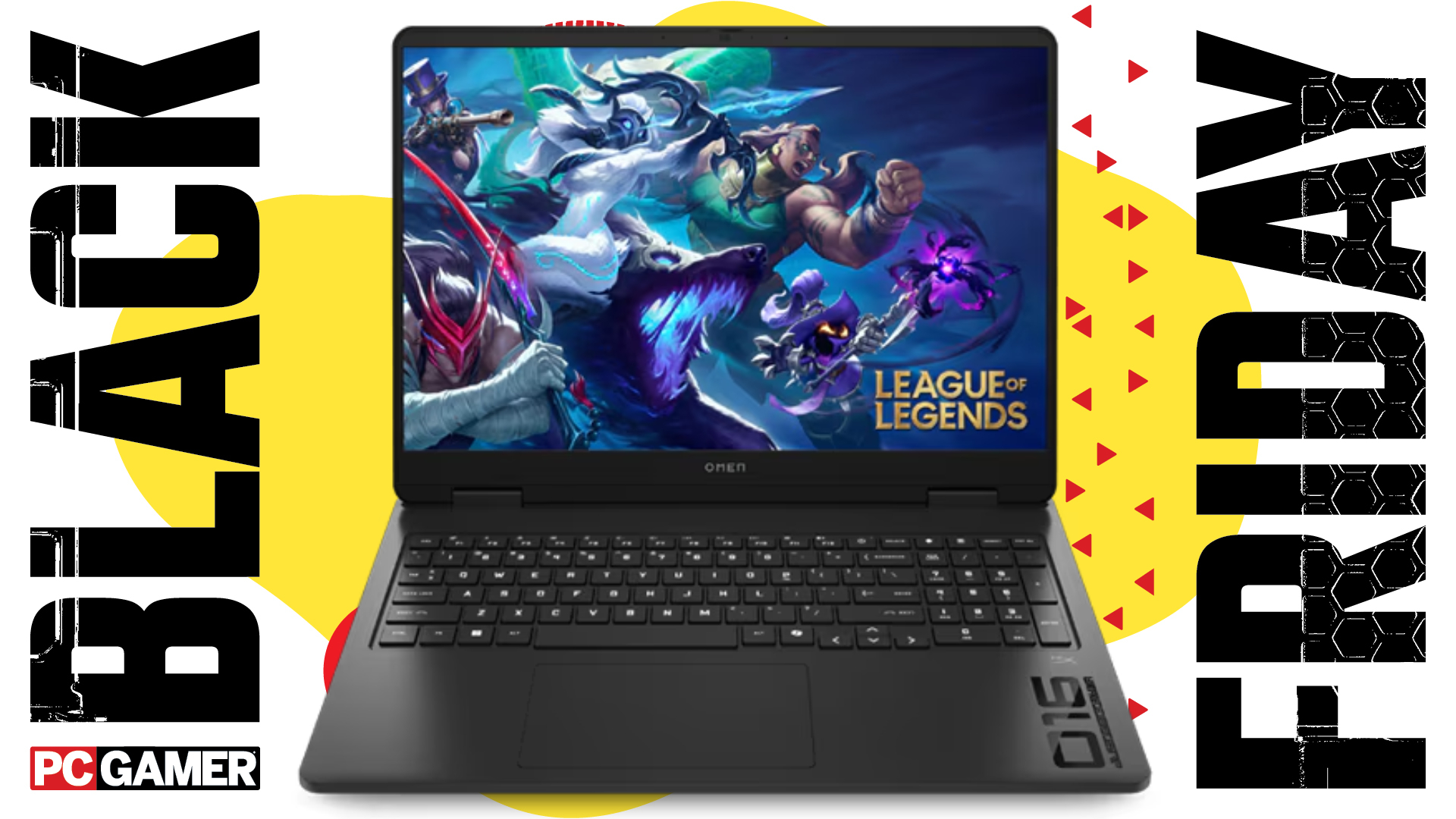 An HP Omen 16 RTX 5060 gaming laptop on a colorful Black Friday deals background