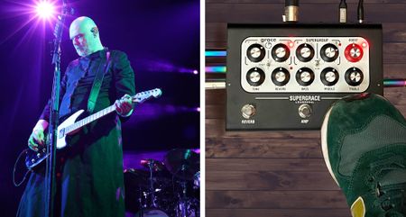 Billy Corgan wears black robes as he performs live with his signature Reveren guitar. On the right, a player's eye view of his new signature pedal, designed in collaboration with Laney and Carstens Amps