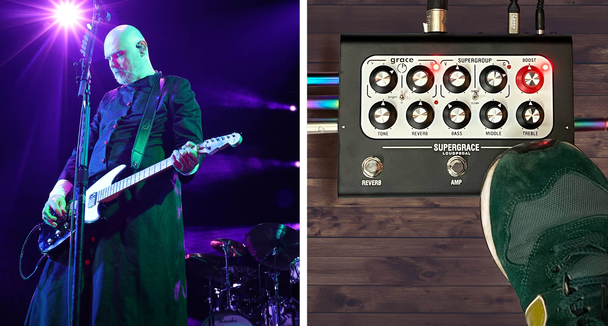Billy Corgan wears black robes as he performs live with his signature Reveren guitar. On the right, a player's eye view of his new signature pedal, designed in collaboration with Laney and Carstens Amps