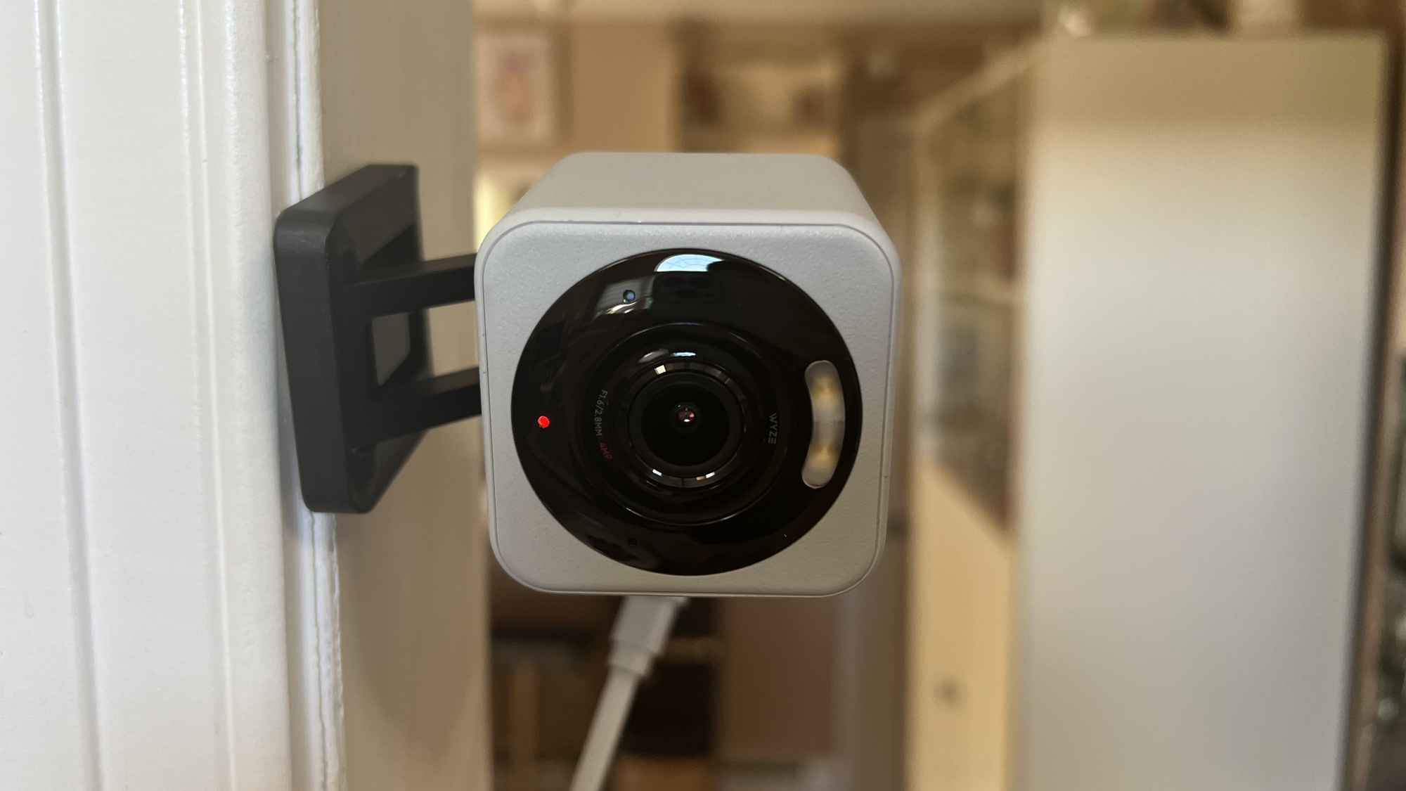 Wyze Cam v4 attaches to wall corner bead using magnetic base