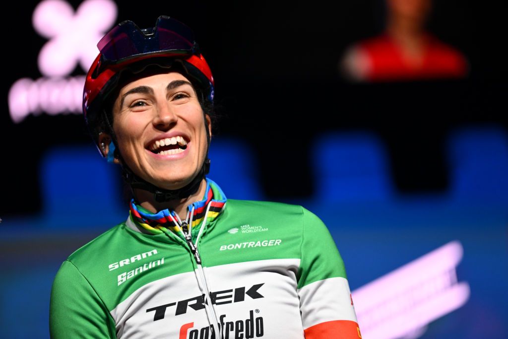 GHENT BELGIUM FEBRUARY 25 Elisa Balsamo of Italy and Team Trek Segafredo prior to the 18th Omloop Het Nieuwsblad Elite 2023 Womens Elite a 1322km one day race from Ghent to Ninove OHN23 on February 25 2023 in Ghent Belgium Photo by David StockmanGetty Images