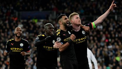 Manchester City’s Kevin De Bruyne celebrates his penalty winner against Real Madrid at the Bernabeu